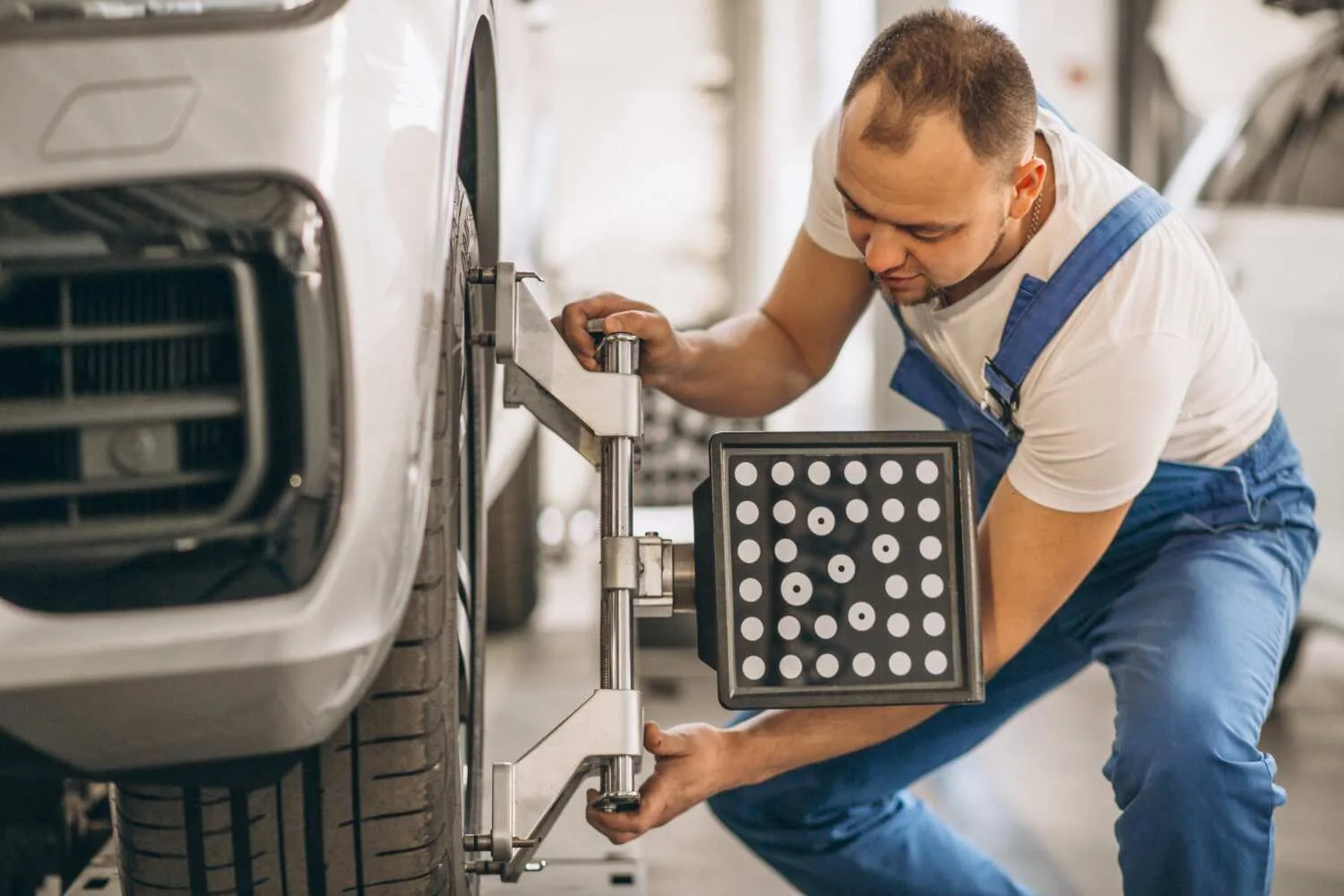Mechanic adjusting car wheel with 3D alignment machine in Kuwait workshop .